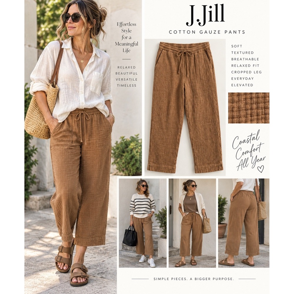 J.Jill 1X Brown Cotton Gauze Pants Lagenlook Coastal Boho Cropped Wide Leg